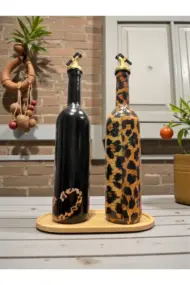 El Yapımı Leopar Desenli Cam Yağdanlık & Sirkelik 2 li set- Ahşap Tabanlı Özel Tasarım mutfak dekor - Görsel 7