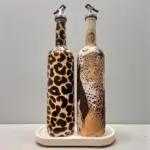 El Yapımı Leopar Desenli Cam Yağdanlık & Sirkelik 2 li set- Ahşap Tabanlı Özel Tasarım mutfak dekor