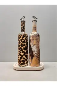 El Yapımı Leopar Desenli Cam Yağdanlık & Sirkelik 2 li set- Ahşap Tabanlı Özel Tasarım mutfak dekor