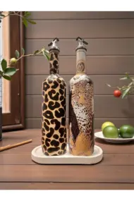 El Yapımı Leopar Desenli Cam Yağdanlık & Sirkelik 2 li set- Ahşap Tabanlı Özel Tasarım mutfak dekor - Görsel 3
