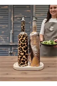 El Yapımı Leopar Desenli Cam Yağdanlık & Sirkelik 2 li set- Ahşap Tabanlı Özel Tasarım mutfak dekor - Görsel 4