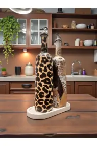 El Yapımı Leopar Desenli Cam Yağdanlık & Sirkelik 2 li set- Ahşap Tabanlı Özel Tasarım mutfak dekor - Görsel 5