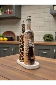 El Yapımı Leopar Desenli Cam Yağdanlık & Sirkelik 2 li set- Ahşap Tabanlı Özel Tasarım mutfak dekor - Görsel 6