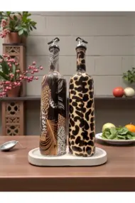 El Yapımı Leopar Desenli Cam Yağdanlık & Sirkelik 2 li set- Ahşap Tabanlı Özel Tasarım mutfak dekor - Görsel 7