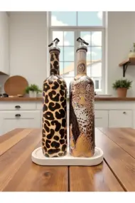 El Yapımı Leopar Desenli Cam Yağdanlık & Sirkelik 2 li set- Ahşap Tabanlı Özel Tasarım mutfak dekor - Görsel 8