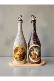 750 ml El Boyaması Cam Yağdanlık Seti | Klasik Tasarım | Crackle Efekt | Ahşap Standlı İkili Set