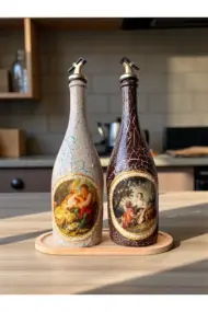 750 ml El Boyaması Cam Yağdanlık Seti | Klasik Tasarım | Crackle Efekt | Ahşap Standlı İkili Set - Görsel 3
