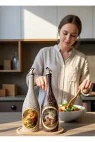 750 ml El Boyaması Cam Yağdanlık Seti | Klasik Tasarım | Crackle Efekt | Ahşap Standlı İkili Set - Görsel 4