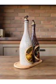 750 ml El Boyaması Cam Yağdanlık Seti | Klasik Tasarım | Crackle Efekt | Ahşap Standlı İkili Set - Görsel 5