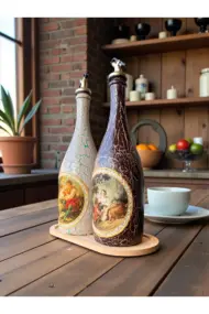 750 ml El Boyaması Cam Yağdanlık Seti | Klasik Tasarım | Crackle Efekt | Ahşap Standlı İkili Set - Görsel 6