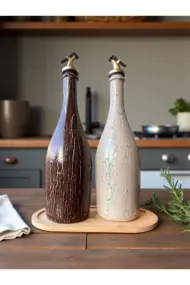 750 ml El Boyaması Cam Yağdanlık Seti | Klasik Tasarım | Crackle Efekt | Ahşap Standlı İkili Set - Görsel 7