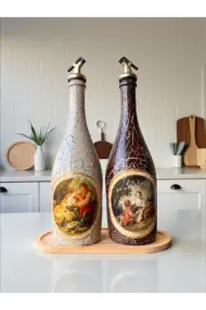 750 ml El Boyaması Cam Yağdanlık Seti | Klasik Tasarım | Crackle Efekt | Ahşap Standlı İkili Set - Görsel 8