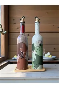 El Boyaması Cam Yağdanlık & Sirkelik Seti | 750 ml İkili set| Çatlatma Efekti & Ahşap Stand