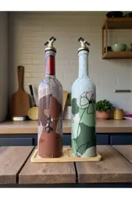 El Boyaması Cam Yağdanlık & Sirkelik Seti | 750 ml İkili set| Çatlatma Efekti & Ahşap Stand - Görsel 3