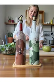 El Boyaması Cam Yağdanlık & Sirkelik Seti | 750 ml İkili set| Çatlatma Efekti & Ahşap Stand - Görsel 4