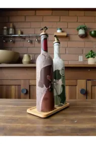 El Boyaması Cam Yağdanlık & Sirkelik Seti | 750 ml İkili set| Çatlatma Efekti & Ahşap Stand - Görsel 6