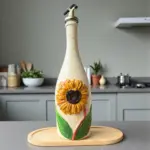 750 ml El Boyaması Cam Yağdanlık – Ayçiçeği Rölyefli | Çatlatma Efektli | Ahşap Standlı