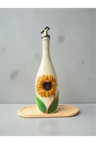 750 ml El Boyaması Cam Yağdanlık – Ayçiçeği Rölyefli | Çatlatma Efektli | Ahşap Standlı - Görsel 3