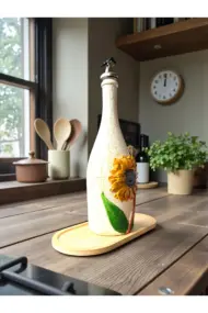 750 ml El Boyaması Cam Yağdanlık – Ayçiçeği Rölyefli | Çatlatma Efektli | Ahşap Standlı - Görsel 4