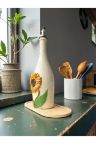 750 ml El Boyaması Cam Yağdanlık – Ayçiçeği Rölyefli | Çatlatma Efektli | Ahşap Standlı - Görsel 5