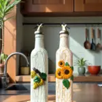 El Boyaması Cam Yağdanlık Şişe Seti – Ayçiçeği & Üzüm Kabartmalı | Çatlatma Efektli | Ahşap Standlı