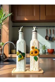 El Boyaması Cam Yağdanlık Şişe Seti – Ayçiçeği & Üzüm Kabartmalı | Çatlatma Efektli | Ahşap Standlı