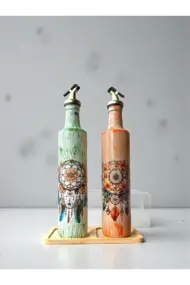 500 ml El Boyaması Cam Yağdanlık Seti – Dreamcatcher (Rüya Kovucu) Desenli | Ahşap Standlı