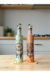 500 ml El Boyaması Cam Yağdanlık Seti – Dreamcatcher (Rüya Kovucu) Desenli | Ahşap Standlı - Görsel 4