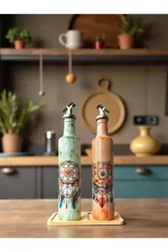 500 ml El Boyaması Cam Yağdanlık Seti – Dreamcatcher (Rüya Kovucu) Desenli | Ahşap Standlı - Görsel 5