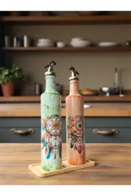 500 ml El Boyaması Cam Yağdanlık Seti – Dreamcatcher (Rüya Kovucu) Desenli | Ahşap Standlı - Görsel 6