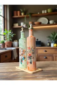 500 ml El Boyaması Cam Yağdanlık Seti – Dreamcatcher (Rüya Kovucu) Desenli | Ahşap Standlı - Görsel 7