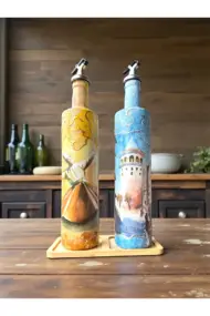 750 ml El Boyaması Cam Yağdanlık Seti – İstanbul Serisi | Mevlana & Galata Kulesi | Ahşap Standlı - Görsel 3