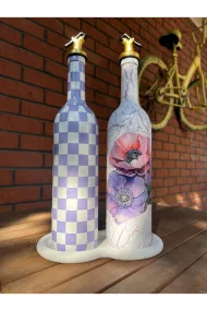 750 ml Lila çiçek ve Lila Dama Desenli 2’li Dekoratif Cam Yağdanlık Seti – gold başlık ve taş Sunum Standlı - Görsel 3