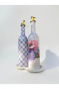 750 ml Lila çiçek ve Lila Dama Desenli 2’li Dekoratif Cam Yağdanlık Seti – gold başlık ve taş Sunum Standlı - Görsel 5