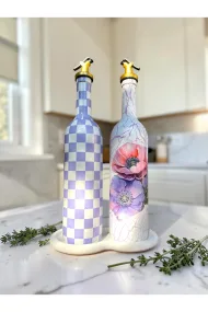 750 ml Lila çiçek ve Lila Dama Desenli 2’li Dekoratif Cam Yağdanlık Seti – gold başlık ve taş Sunum Standlı - Görsel 8