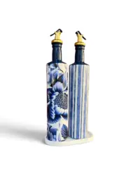 750 ml Büyük Boy El Yapımı Cam Yağdanlık Sirkelik 2'li Set – Çiçek Desenli ve Çizgili Dekoratif Zeytinyağı Şişesi – Modern Mutfak Aksesuarı - Görsel 3