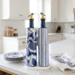 750 ml Büyük Boy El Yapımı Cam Yağdanlık Sirkelik 2'li Set – Çiçek Desenli ve Çizgili Dekoratif Zeytinyağı Şişesi – Modern Mutfak Aksesuarı