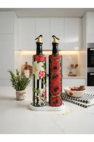 750 ml Büyük Boy Cam Yağdanlık Sirkelik 2 li Set – Siyah Beyaz çizgili ve Çiçekli Dekoratif Zeytinyağı Şişesi – Modern Mutfak Aksesuarı - Görsel 3