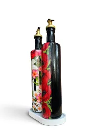 750 ml Büyük Boy Cam Yağdanlık Sirkelik 2 li Set – Siyah Beyaz çizgili ve Çiçekli Dekoratif Zeytinyağı Şişesi – Modern Mutfak Aksesuarı - Görsel 5