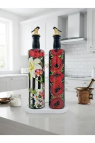 750 ml Büyük Boy Cam Yağdanlık Sirkelik 2 li Set – Siyah Beyaz çizgili ve Çiçekli Dekoratif Zeytinyağı Şişesi – Modern Mutfak Aksesuarı - Görsel 8