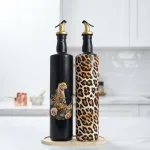 Büyük boy 2'li set Cam Yağdanlık Sirkelik Seti 750 ml - Leopar Desenli Dekoratif Mutfak Seti