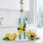 500 ml Akdeniz Mutfağı Dekoratif Limon Kabartmalı Mavi Çizgli El Yapımı Cam Yağdanlık - Gold Başlıklı