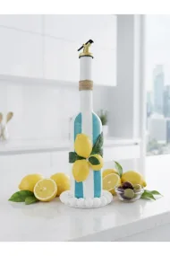 500 ml Akdeniz Mutfağı Dekoratif Limon Kabartmalı Mavi Çizgli El Yapımı Cam Yağdanlık - Gold Başlıklı
