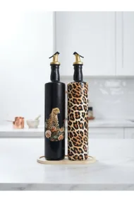Büyük boy 2'li set Cam Yağdanlık Sirkelik Seti 750 ml - Leopar Desenli Dekoratif Mutfak Seti