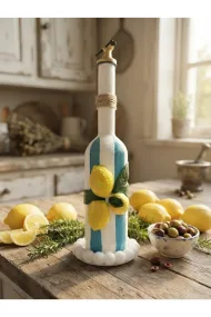 500 ml Akdeniz Mutfağı Dekoratif Limon Kabartmalı Mavi Çizgli El Yapımı Cam Yağdanlık - Gold Başlıklı - Görsel 6