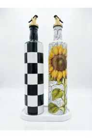 Büyük boy 2'li set Cam Yağdanlık Sirkelik Seti 750 ml - El Yapımı Ayçiçeği Ve Büyük siyah beyaz dama Desenli Set