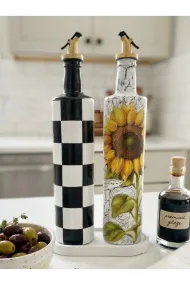 Büyük boy 2'li set Cam Yağdanlık Sirkelik Seti 750 ml - El Yapımı Ayçiçeği Ve Büyük siyah beyaz dama Desenli Set - Görsel 2