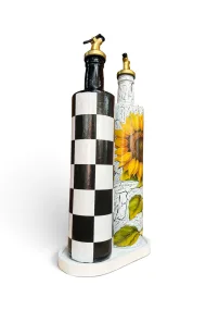 Büyük boy 2'li set Cam Yağdanlık Sirkelik Seti 750 ml - El Yapımı Ayçiçeği Ve Büyük siyah beyaz dama Desenli Set - Görsel 4