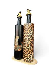 Büyük boy 2'li set Cam Yağdanlık Sirkelik Seti 750 ml - Leopar Desenli Dekoratif Mutfak Seti - Görsel 4