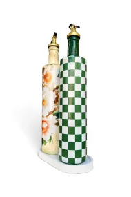 Büyük boy 2'li set Cam Yağdanlık Sirkelik Seti 750 ml - El Yapımı Beyaz Çiçek Ve Yeşil Damalı Desenli Set - Görsel 5
